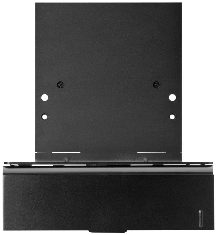 Ein schwarzes, robustes Metallteil mit mehreren Befestigungslöchern sichtbar, möglicherweise ein Montagerahmen oder Halterung.