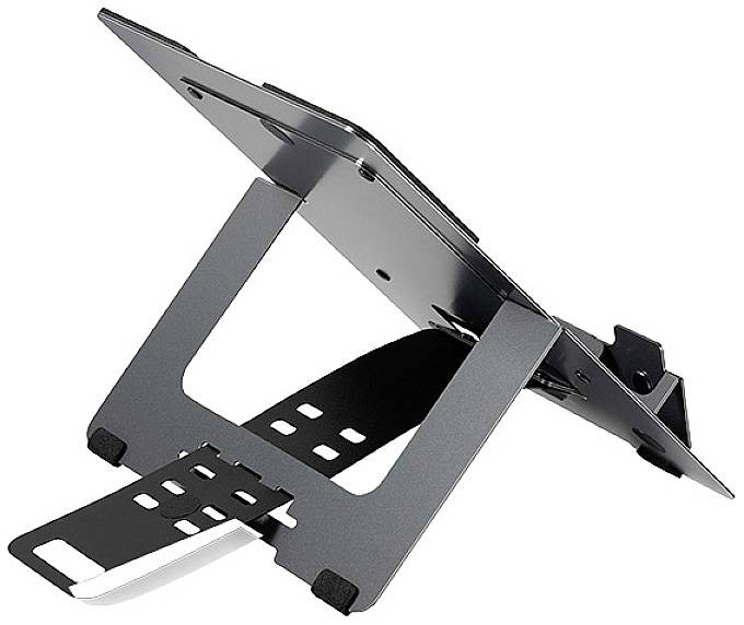 Laptop-Ständer aus Metall in schräger Position, zeigt Belüftungsschlitze und rutschfeste Gummiauflagen, optimiert für ergonomisches Arbeiten.