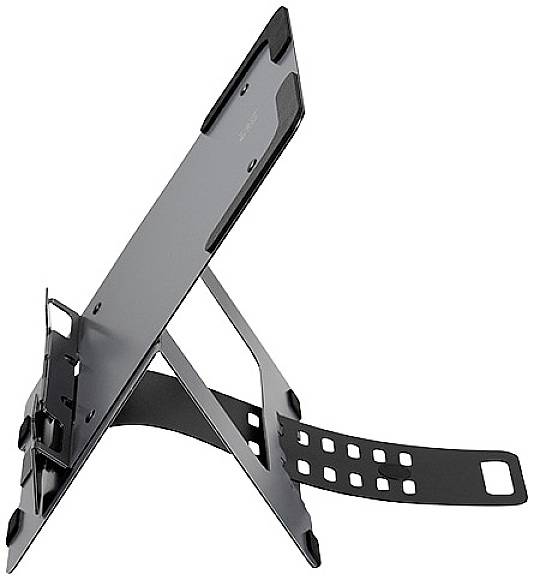 Ein verstellbarer Tablet-Ständer aus Metall mit rutschfesten Pads und einem stabilen, klappbaren Design für verschiedene Blickwinkel.