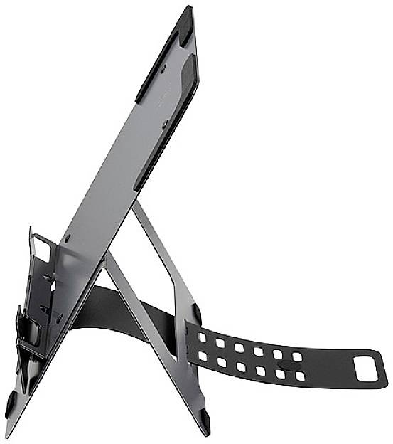 Ein verstellbarer, schwarzer Tablet-Ständer aus Metall, seitlich gezeigt. Er hat eine Halterung und große Öffnungen für Kabelmanagement.