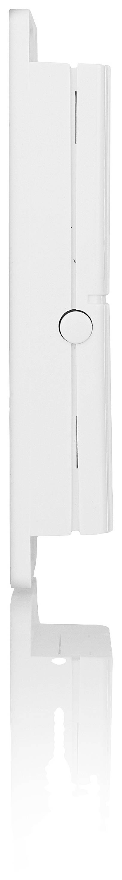 Ein weißes Türband mit glatter Oberfläche und zylindrischem Scharnier, vertikal ausgerichtet, sichtbar von der Seite.