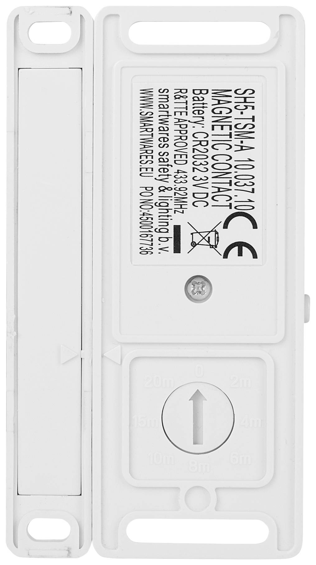 Ein weißer Magnetkontakt-Sensor mit CE-Kennzeichnung und Installationshinweisen auf Deutsch, geeignet für Sicherheitssysteme.