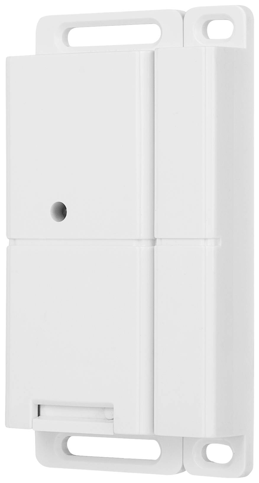 Ein weißer, rechteckiger Magnetkontakt-Sensor, der für Sicherheitssysteme verwendet wird, mit Befestigungslöchern an beiden Enden.