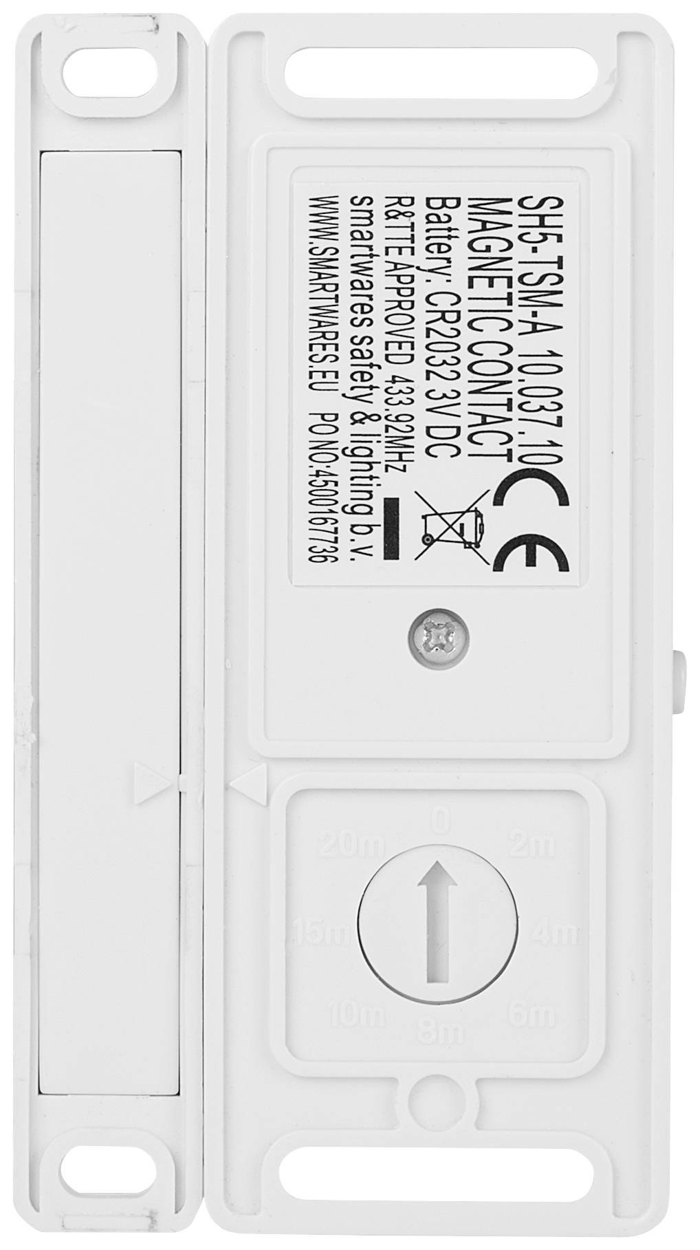 Magnetkontakt mit CE-Kennzeichnung. Etikett mit Modellnummer, Herstellerangaben und Batterieinformation. Rechteckige Form.