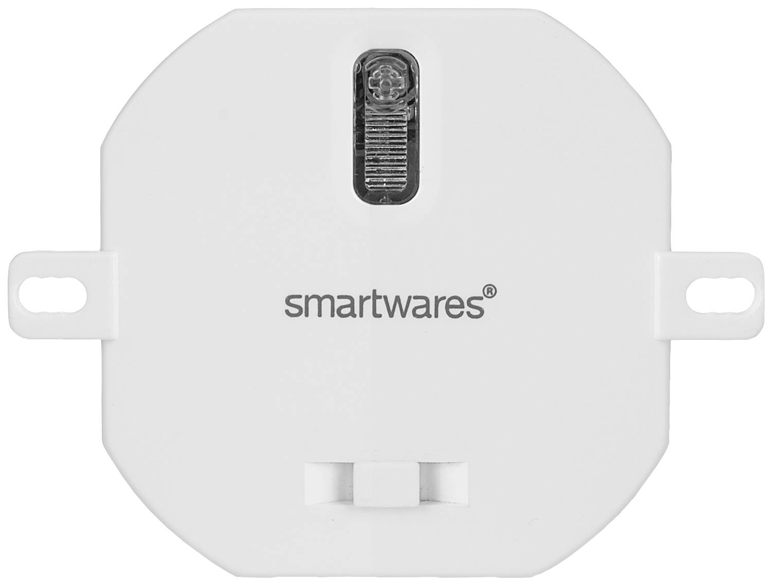 Ein weißes elektrisches Gerät mit dem Logo 'smartwares' in der Mitte, mit einem Schalter und einem transparenten Element an der Oberseite.