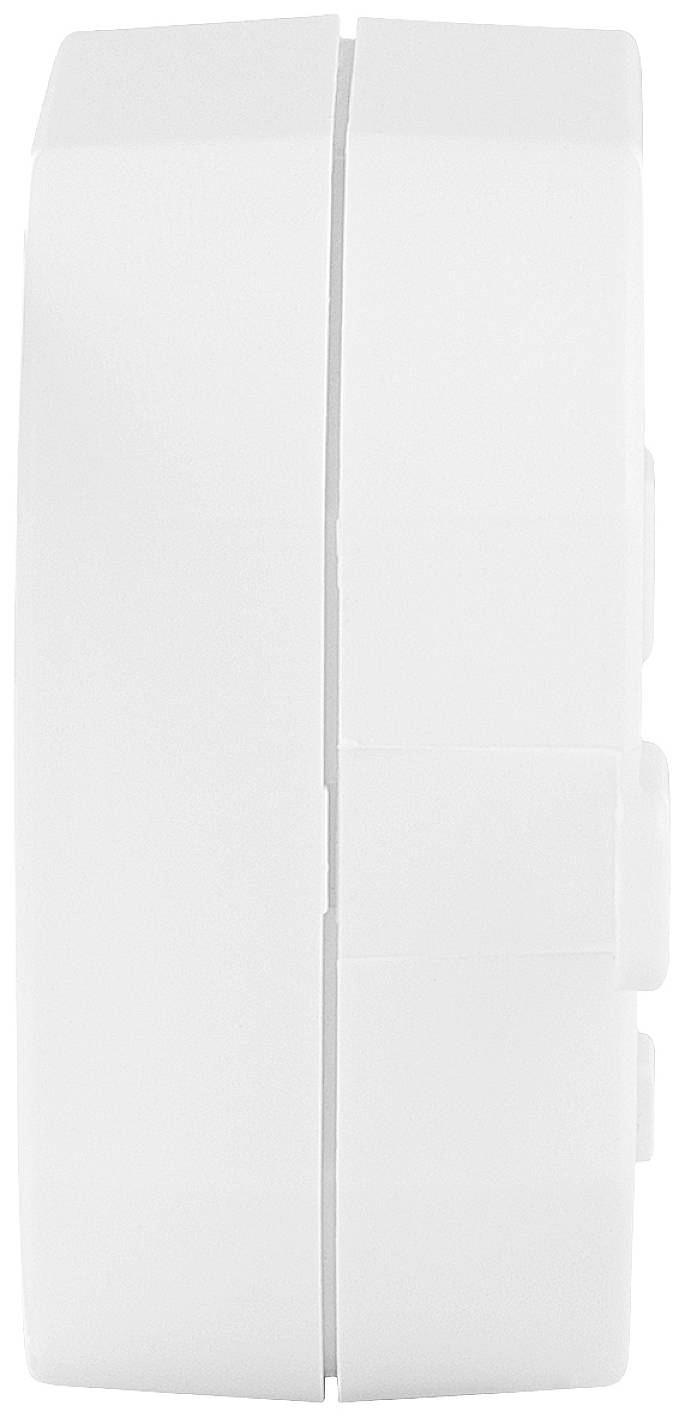 Seitenansicht eines weißen, rechteckigen elektronischen Geräts mit detailarmer Oberfläche und glatten Kanten.