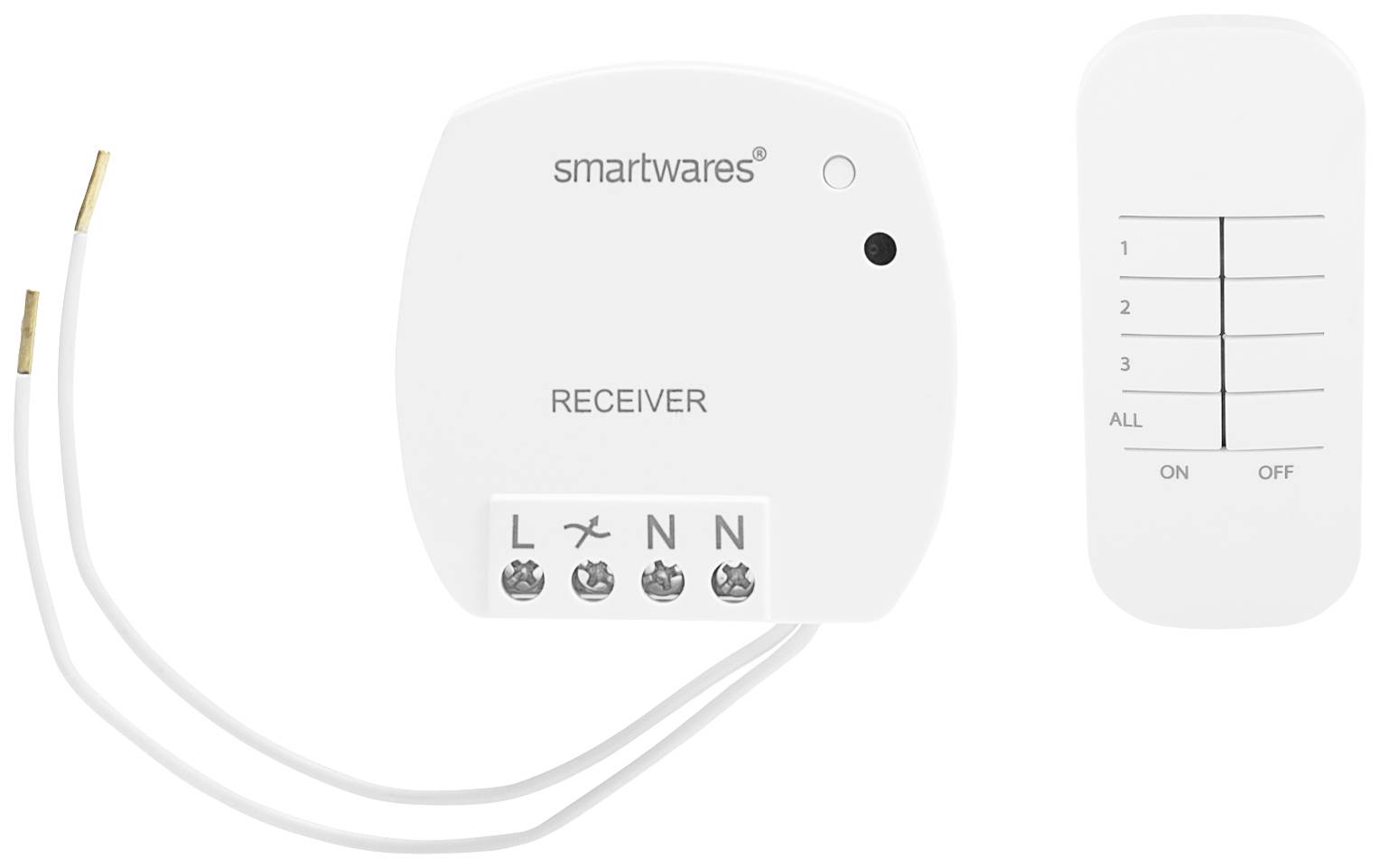 Funklichtschalterset mit Empfänger und Fernbedienung. Empfänger hat Anschlüsse für L, N. Fernbedienung mit Tasten: 1, 2, 3, 4, ALL.
