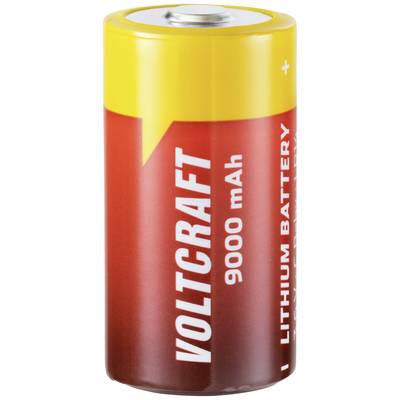 Lithium-Batterie mit gelbem und rotem Design, markiert mit 'Voltcraft', 9000 mAh Kapazität und polaritätsanzeigenden Symbolen.