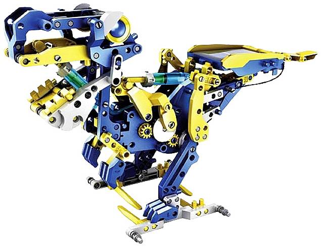 Ein bunter, mechanischer Dinosaurier aus Bausteinen, hauptsächlich in Blau und Gelb, mit beweglichen Teilen und Zahnrädern.
