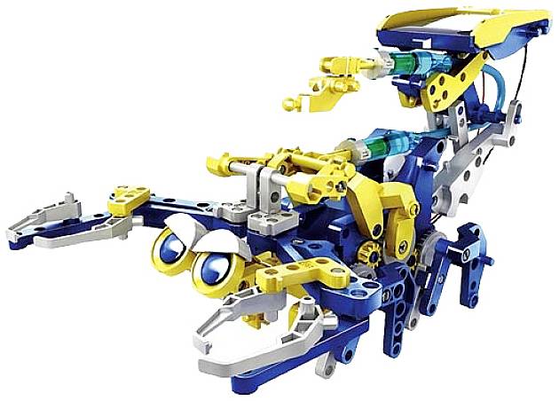Das Bild zeigt ein Roboter-Set in Form eines gelben und blauen Hais, bestehend aus modularen Teilen.