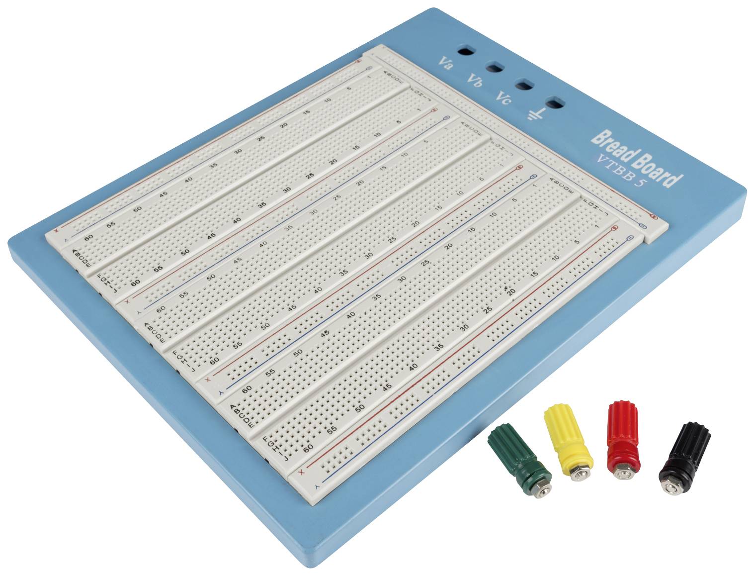 Ein Steckbrett mit blauer Umrandung und vier Anschlussbuchsen in den Farben Rot, Grün, Gelb und Schwarz für elektronische Prototypen.