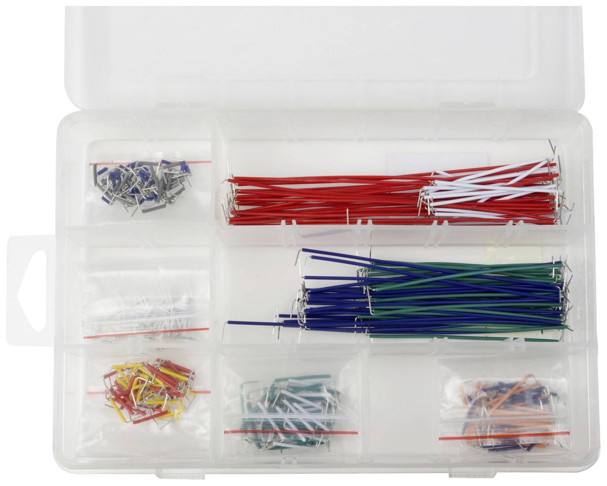 Ein transparenter Behälter mit mehreren Fächern, die verschiedenfarbige Kabel enthalten. Hauptfarben: Rot, Grün, Blau, Weiß, Gelb.