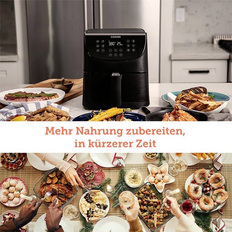 Oben: Schwarze Heißluftfritteuse auf einer Küchenzeile. Unten: Menschen essen zusammen an einem Tisch. Text: 'Mehr Nahrung zubereiten, in kürzerer Zeit'.