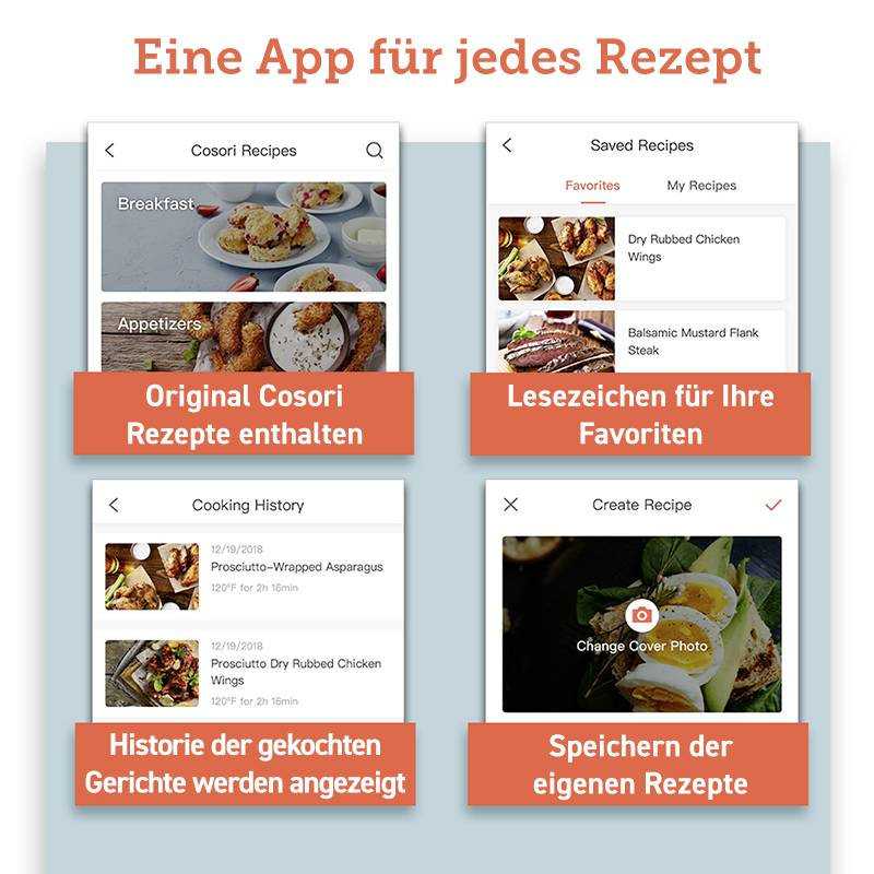 Eine App, die Rezepte anbietet. Funktionen: Originalrezepte, Favoriten speichern, Kochhistorie anzeigen, eigene Rezepte speichern.