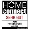 Die Grafik zeigt das Zertifikat 'HOME connect SEHR GUT' für das Produkt AVM FRITZ!DECT 302, ausgezeichnet im Juni 2022 von connect.de.