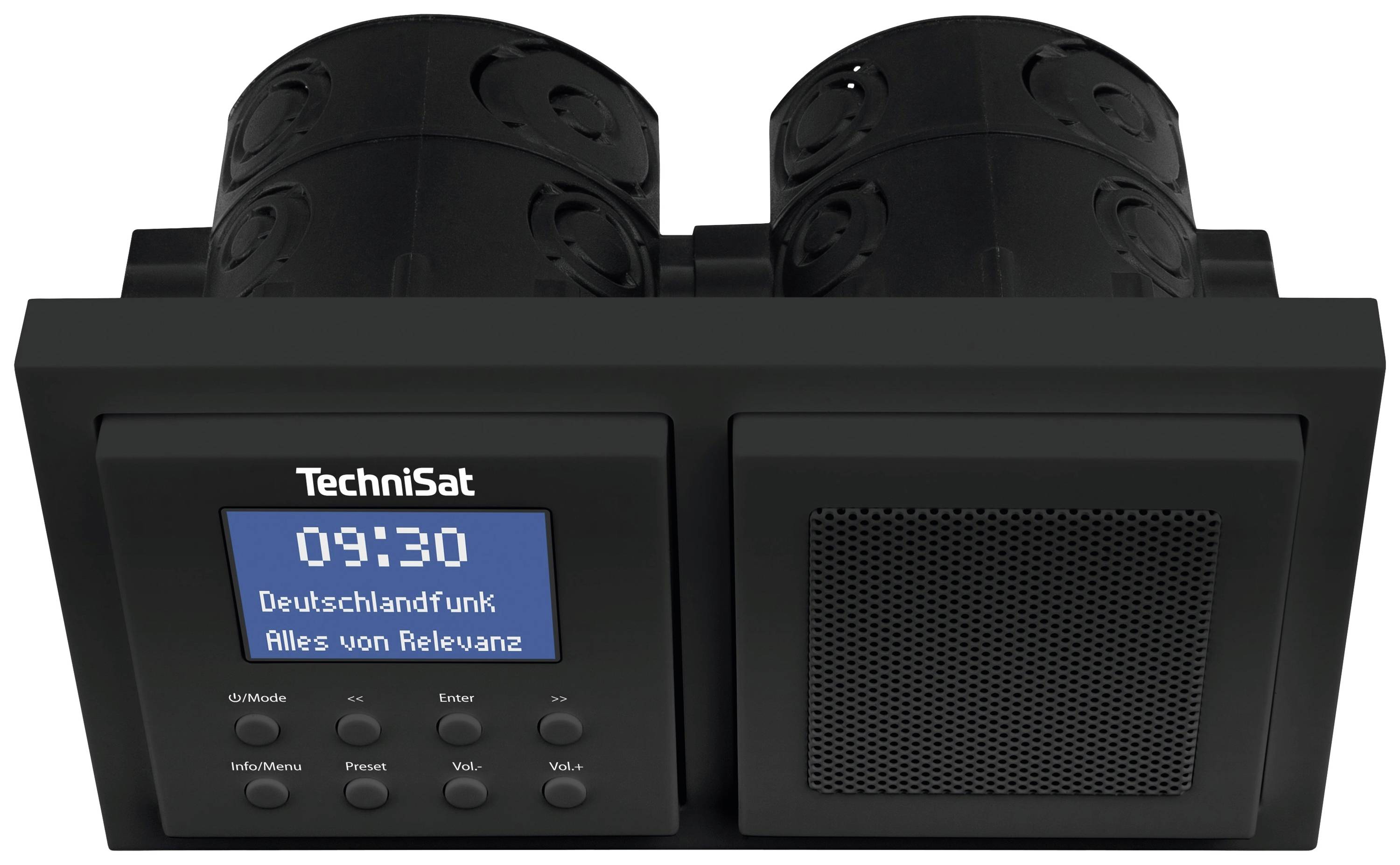 Einbau-Radiogerät mit Display zeigt '09:30 Deutschlandfunk, Alles von Relevanz'. Links Tasten für Bedienung, rechts Lautsprecher.