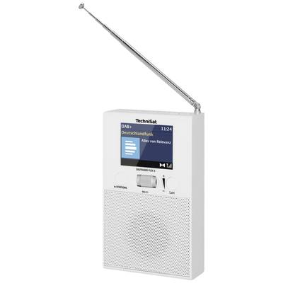 Ein tragbares DAB+ Radio der Marke TechniSat in Weiß. Auf dem Display wird 'Deutschlandfunk' angezeigt. Die Antenne ist ausgefahren.