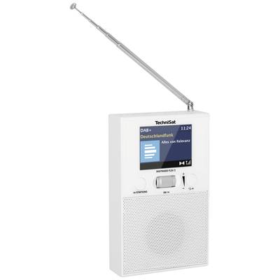 Ein tragbares DAB+-Radio in Weiß mit ausziehbarer Antenne, zeigt auf dem Display den Sender 'Deutschlandfunk' mit der Sendung 'Alles von Relevanz'.