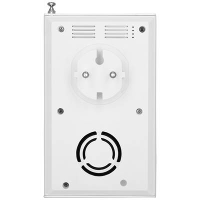 Weiße Steckdose mit mehreren Lüftungsschlitzen und Schraubbefestigungen, geeignet für technische Installationen.