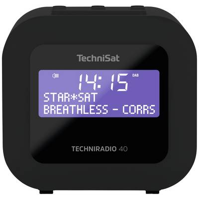 Schwarzes Radio mit digitalem Display, das die Uhrzeit '14:15', den aktuellen Sender 'Star*Sat' und den gespielten Song 'Breathless - Corrs' anzeigt.