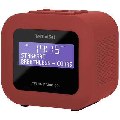 Rotes Digitalradio mit Displayanzeige: '14:15, STAR*SAT, BREATHLESS - CORRS', Modell Techniradio 40 von TechniSat.