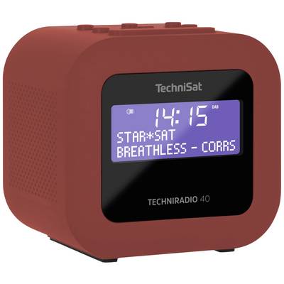Das Bild zeigt ein rotes Digitalradio mit der Aufschrift 'TechniSat'. Der Bildschirm zeigt die Uhrzeit 14:15 und den Song 'Breathless - Corrs'.