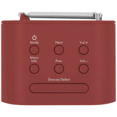 Ein rotes, tragbares Radio mit sechs Bedientasten auf der Vorderseite: Mode, Next, Vol.+, Menu Info, Prev., Vol.-. Oben ein ausziehbarer Antennenstab.