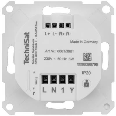 Weißer Lichtschalter mit Anschlüssen und technischen Spezifikationen von 'TechniSat'. Kennzeichnung 'Made in Germany'.