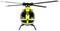 Ein gelber und blauer Hubschrauber von vorne, schwebend in der Luft. Die Rotorblätter sind sichtbar, aber unscharf durch Bewegung.