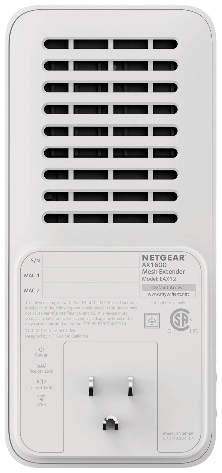 Rückseite eines NETGEAR AX1600 Mesh Extenders mit Lüftungsschlitzen, Modellbezeichnung und elektrischen Anschlussinformationen.