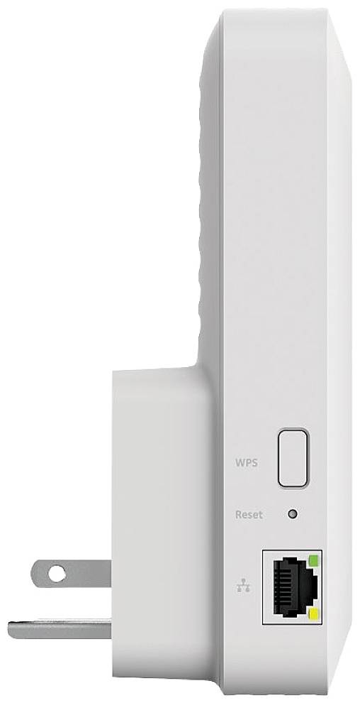 Ein weißer WLAN-Repeater mit WPS-Taste, Reset-Knopf und LAN-Anschluss an der Seite. Geeignet für die Erweiterung des WLAN-Signals.