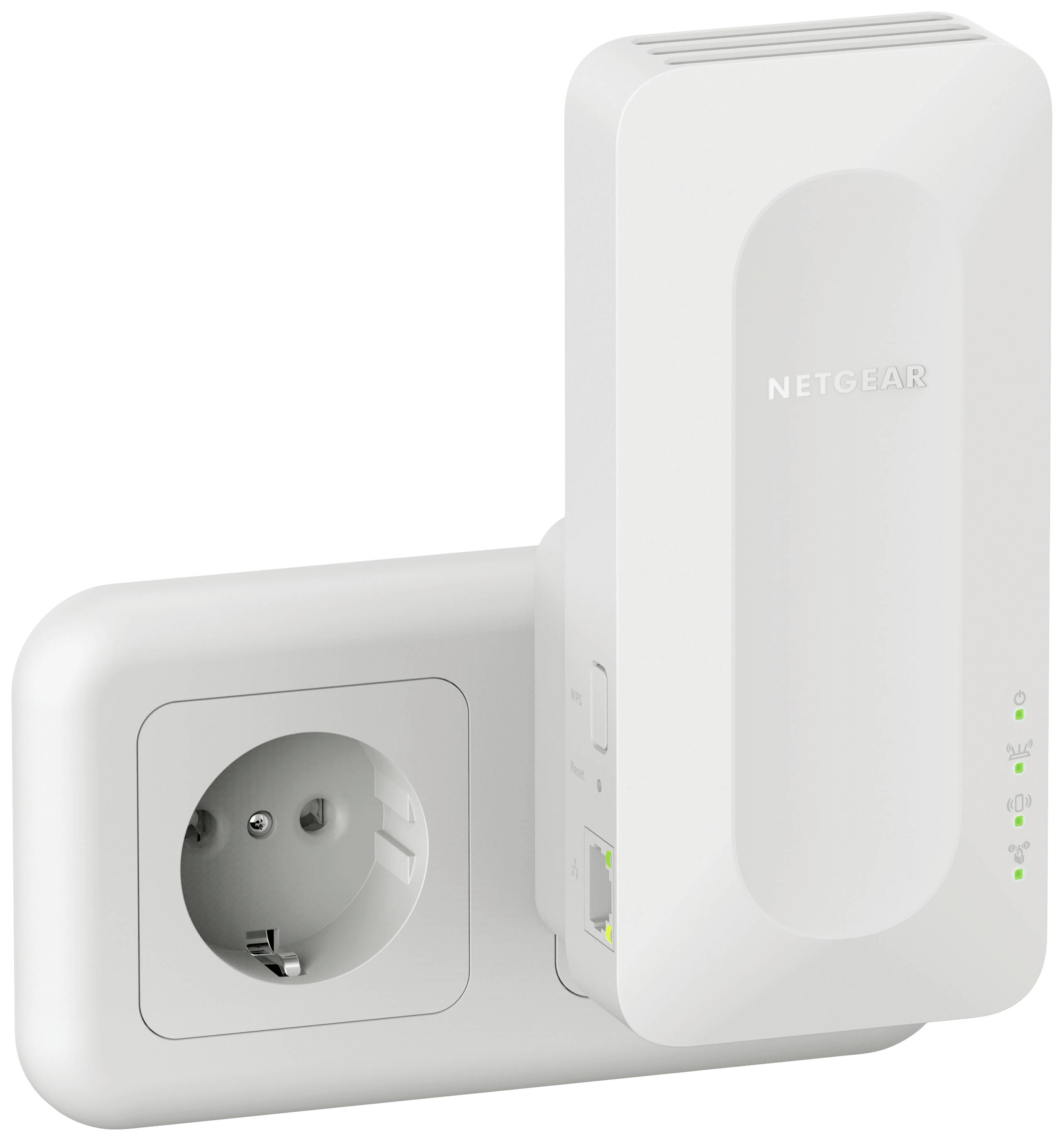Netzwerk-Extender von Netgear, eingesteckt in eine Steckdose. Gerät hat Ethernet-Anschlüsse und LED-Anzeigen für Verbindungsstatus.