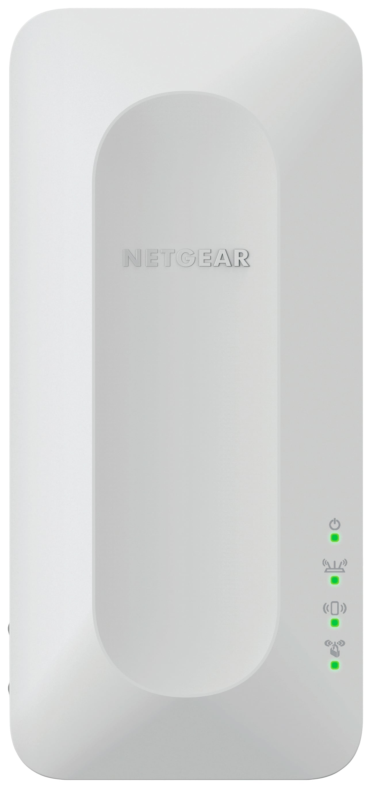 Ein weißer Netgear WLAN-Repeater mit seitlich leuchtenden Kontrollleuchten, die den Betriebsstatus anzeigen.