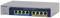 Netzwerk-Switch von Netgear mit acht Ethernet-Ports. Links sind Power- und Reset-Buttons. Text zeigt Ports und PoE-Status.