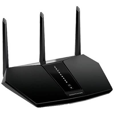 Ein schwarzer Router mit drei Antennen zeigt eine Reihe von LEDs an. Der Markenname 'Nighthawk' ist unten auf dem Gerät zu sehen.