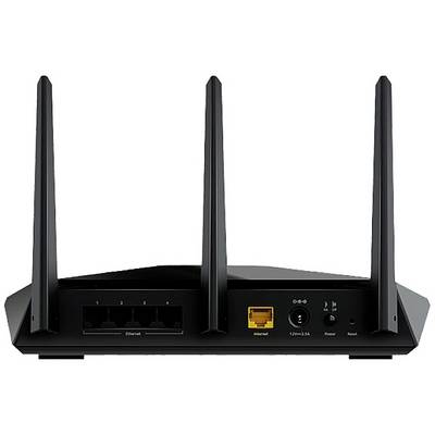 Ein schwarzer WLAN-Router mit drei Antennen hinten. Anschlüsse: vier Ethernet-Ports, ein gelber Internet-Port, und Stromanschluss.