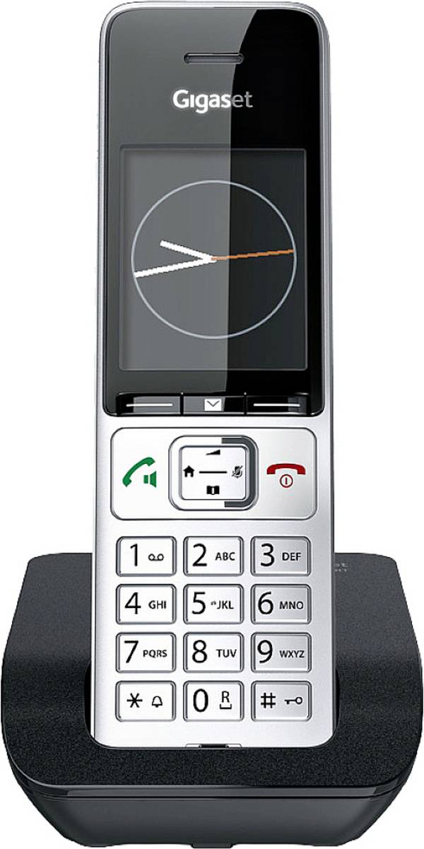 Gigaset COMFORT 500 DECT, GAP Schnurloses Telefon analog  Babyphone, Freisprechen, für Hörgeräte kompatibel, Headsetanschluss, inkl. Mobilteil, mit Basis, Wahlwiederholung Schwarz/Silber