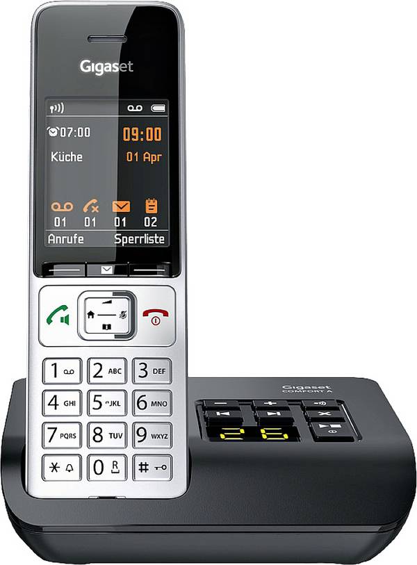 Gigaset COMFORT 500A DECT, GAP Schnurloses Telefon analog  Babyphone, Freisprechen, für Hörgeräte kompatibel, Headsetanschluss, inkl. Mobilteil, mit Basis, Wahlwiederholung, Anrufbeantworter Schwarz/Silber