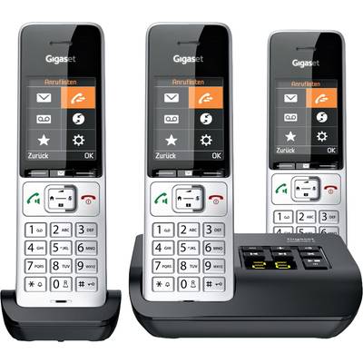 Drei schnurlose Gigaset Telefone mit Ladestationen. Die Bildschirme zeigen Icons für Listen, Klingeltöne und Einstellungen.