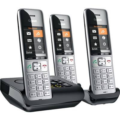 'Drei schnurlose Telefone auf Ladestation. Jedes Telefon mit Display und Tastatur, geeignet für moderne Kommunikation zu Hause oder im Büro.'