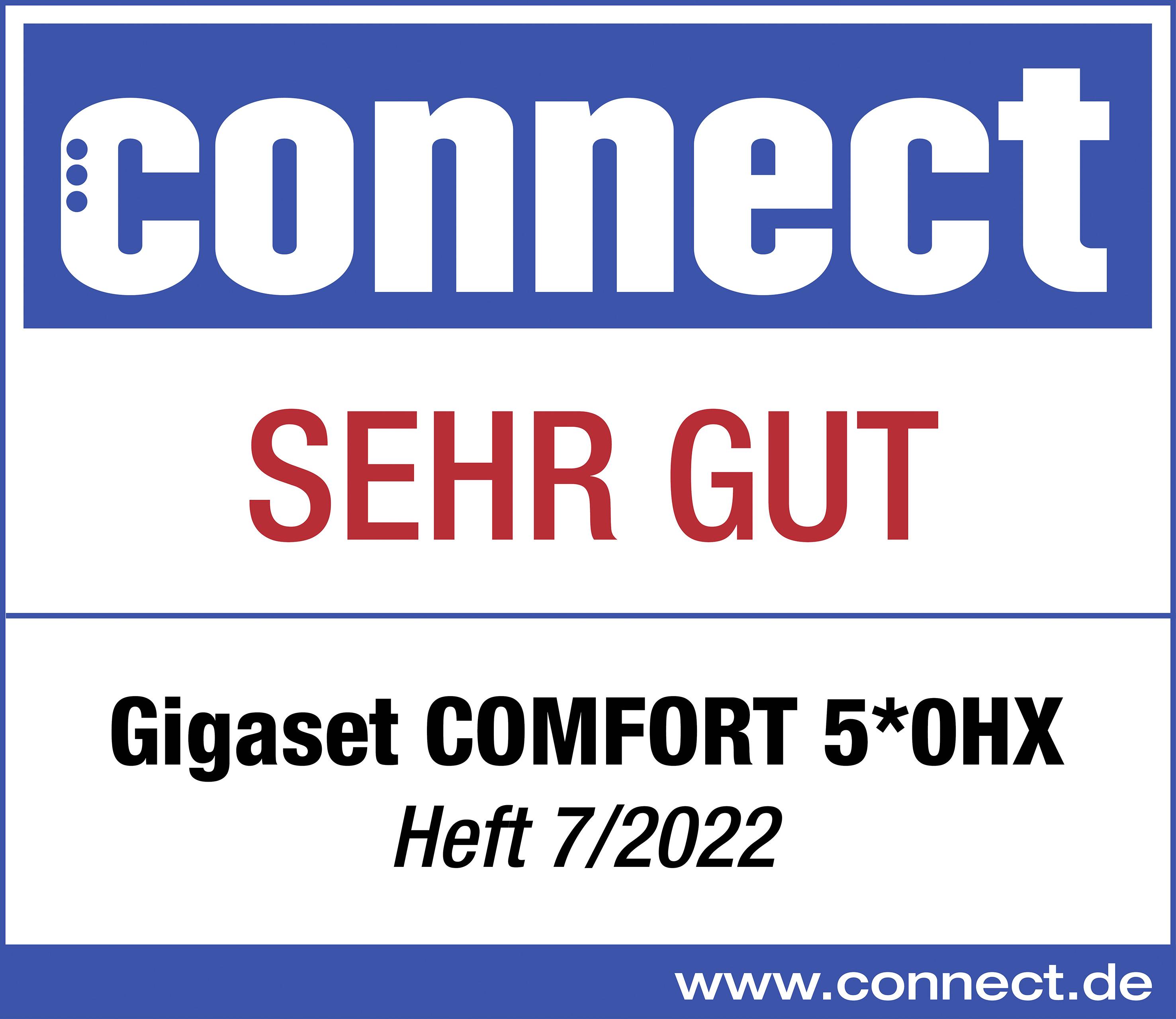 'connect' Bewertungssiegel: 'SEHR GUT' für Gigaset COMFORT 5*0HX, Heft 7/2022, Website www.connect.de.