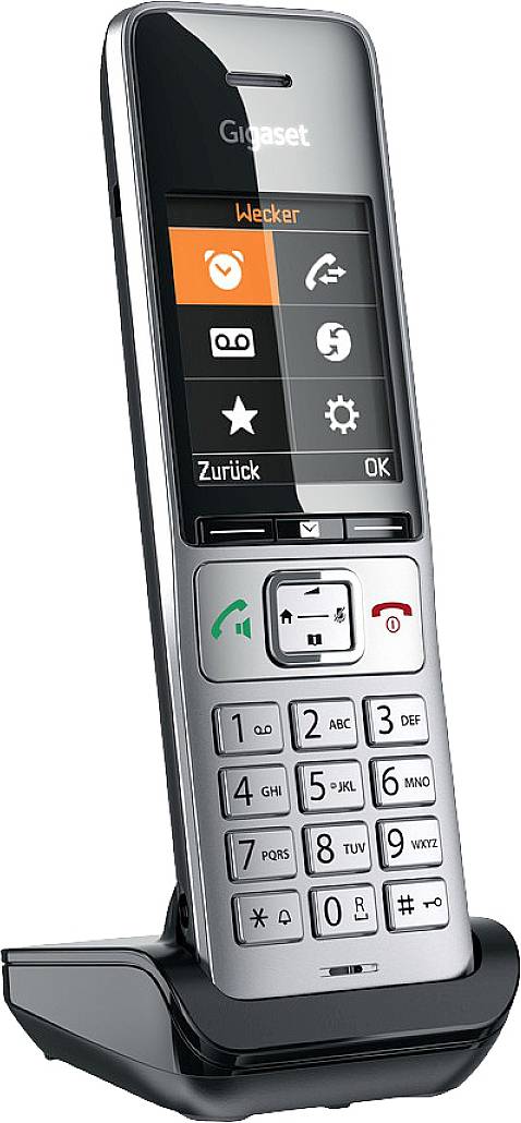 Ein schnurloses Telefon steht in der Basisstation. Auf dem Display sind Symbole wie Wecker, Einstellungen und Favoriten sichtbar.