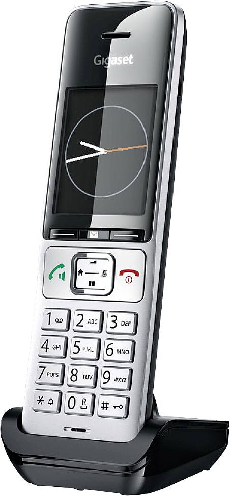 Schnurloses Telefon mit Display und Tasten, in einer Ladestation platziert. Bildschirm zeigt grafische Uhr.