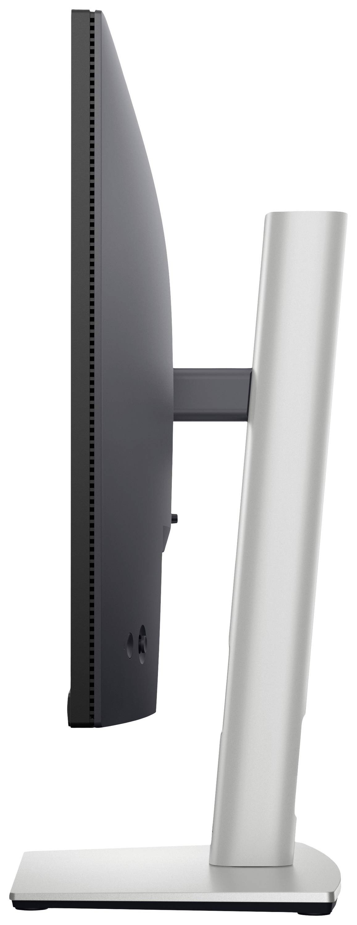 Ein ultradünner Computermonitor von der Seite gesehen, mit einem silbernen Standfuß und schwarzem Bildschirm.