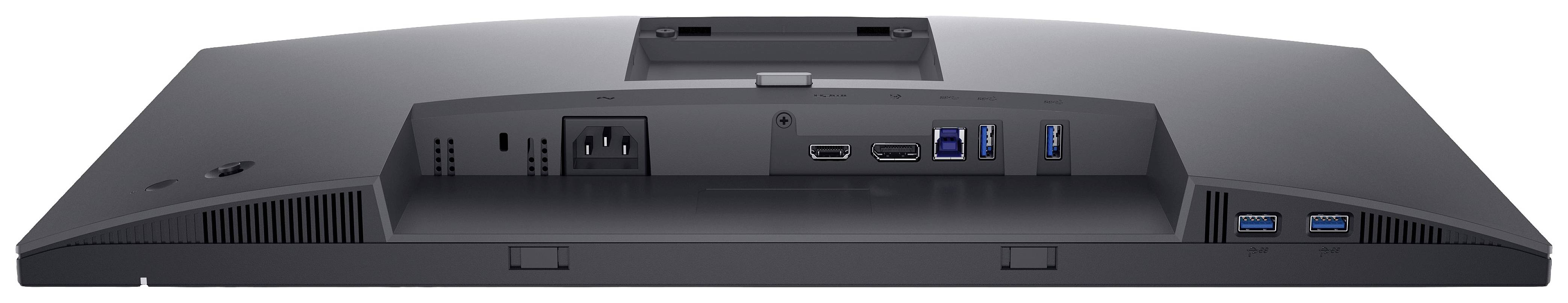 Rückansicht eines Computermonitors mit Anschlüssen: Strom, HDMI, DisplayPort, USB 3.0.