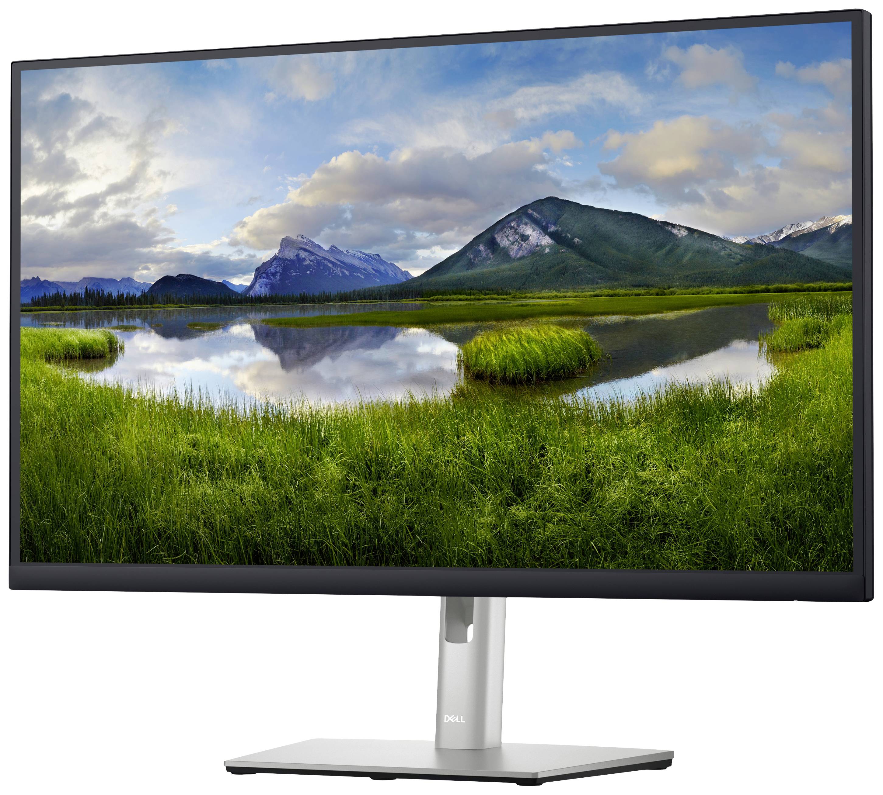 Ein Computerbildschirm zeigt eine Landschaft mit einem ruhigen See, grünen Wiesen und Bergen im Hintergrund unter einem bewölkten Himmel.