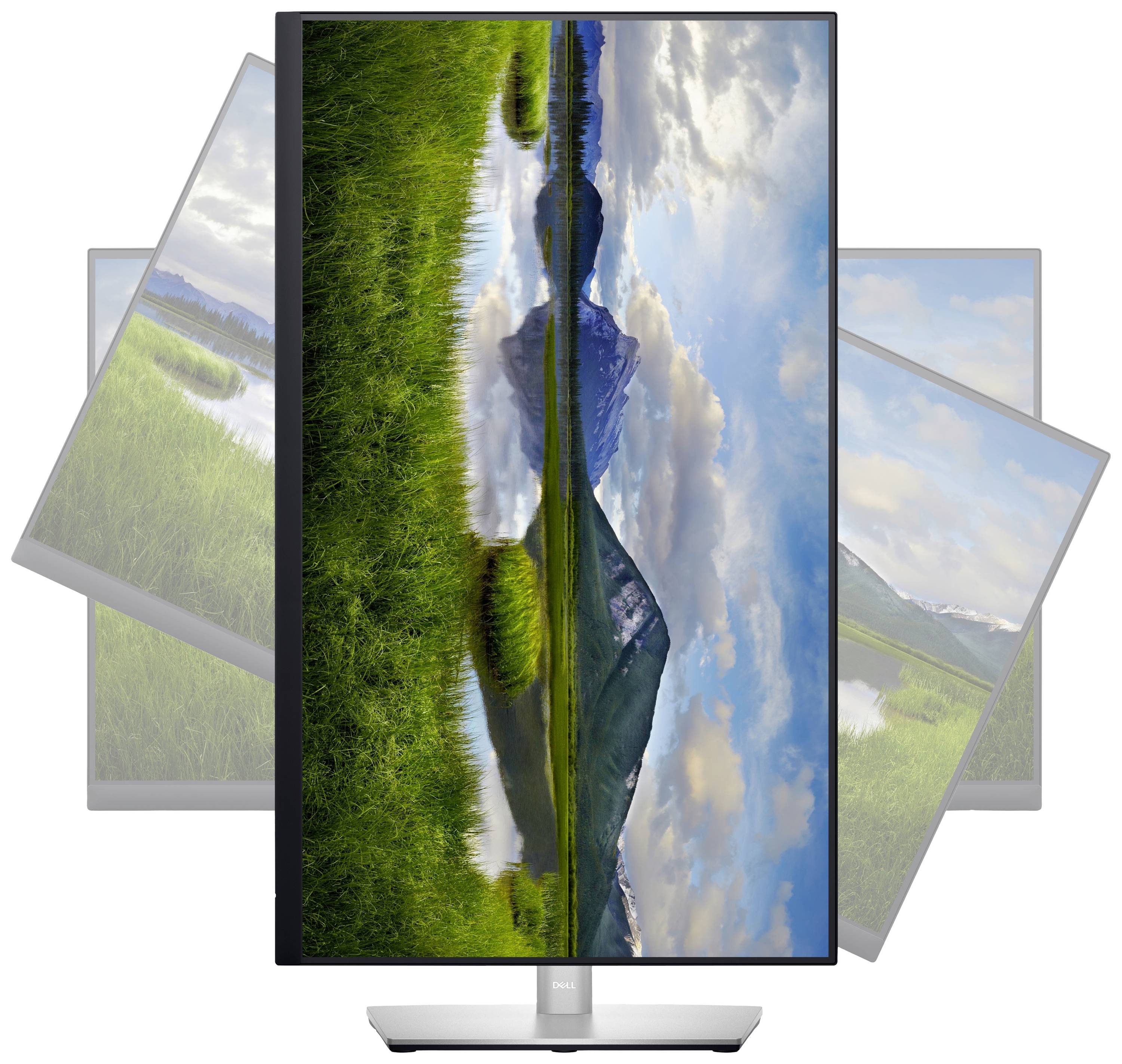 Ein Monitor zeigt ein Bildschirm mit einer Landschaft, die gleiche Landschaft erscheint auf drehenden Bildschirmen im Hintergrund.