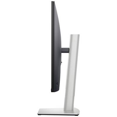 Seitenansicht eines modernen Computermonitors, schlankes Design, schwarz mit silbernem Standfuß, auf weißem Hintergrund.
