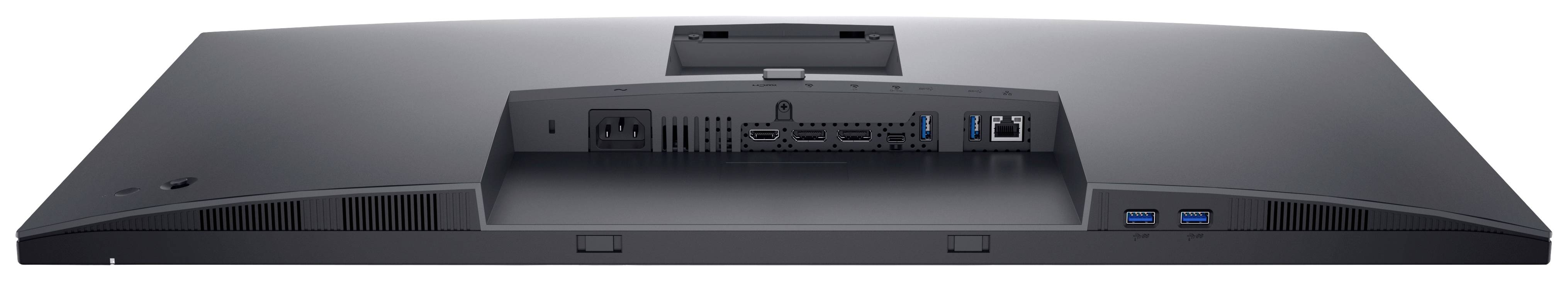 Rückansicht eines Monitors mit verschiedenen Anschlüssen: HDMI, DisplayPort, USB, Ethernet.