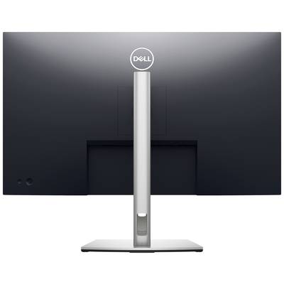Rückansicht eines Dell-Monitors mit schmalem, höhenverstellbarem Standfuß.